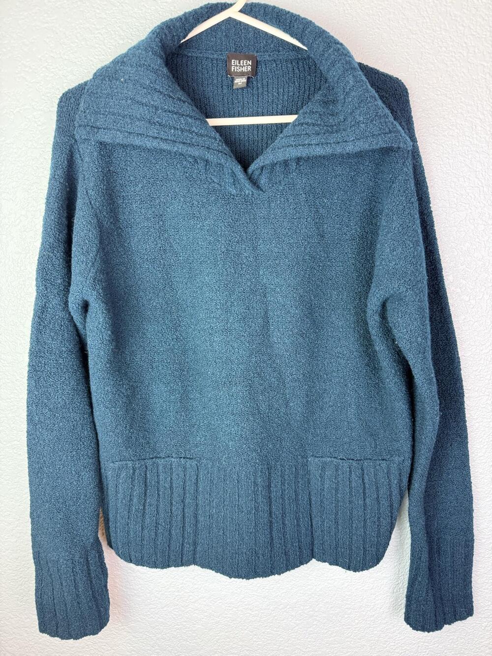 Eileen Fisher Sweater Womens Medium Blue Collared Pocket Knit Wool Pullover